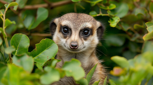 Suricate espiando por entre a folhagem
