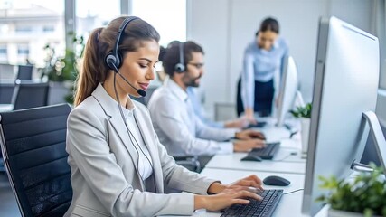 Professional call center environment with diverse agents providing technical support or customer - Powered by Adobe