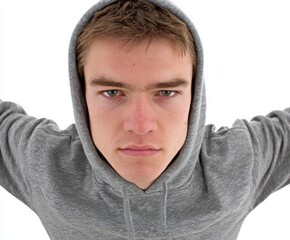 Close-up portrait of a young man wearing a gray hooded sweatshirt, with a determined and intense facial expression.