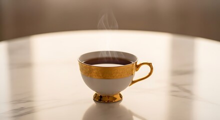 Elegant steaming tea presented in ornate cup on marble table evokes serenity and comfort