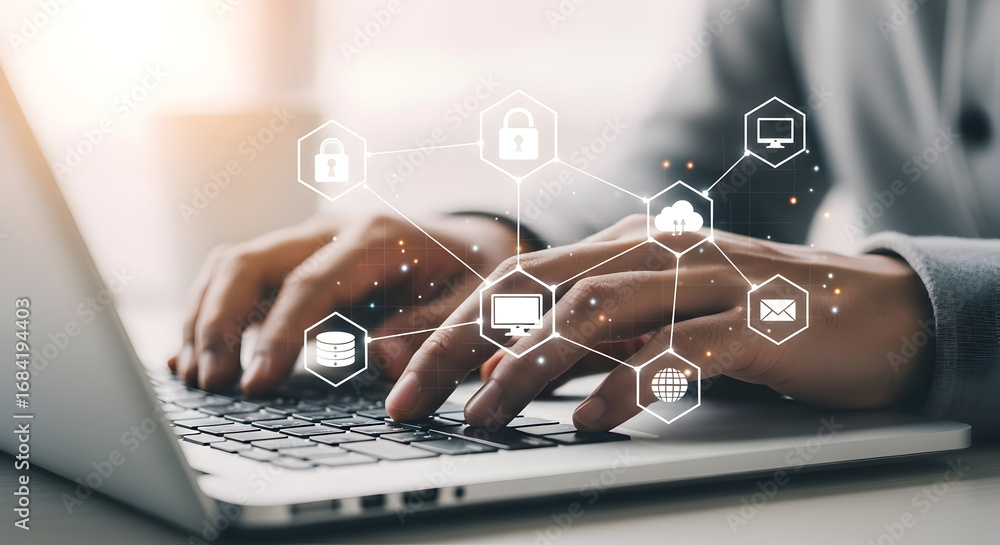 Poster cybersecurity data protection network security business technology laptop typing internet connection