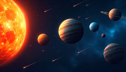 Solar System with Multiple Planets and Asteroids in Space Scene