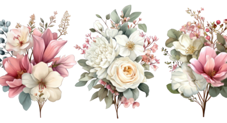 Three floral bouquets in pastel colors