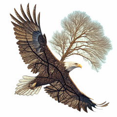 Majestic eagle with intricate tree-like wing patterns soars against a surreal, sparse backdrop, symbolizing freedom and natural artistry.