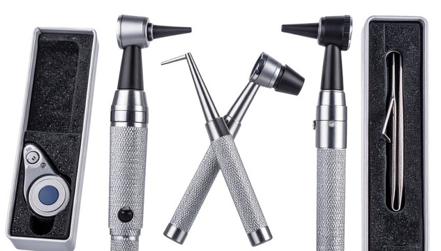 A collection of professional medical otoscope and ophthalmoscope instruments for ear and eye examination isolated on a white background