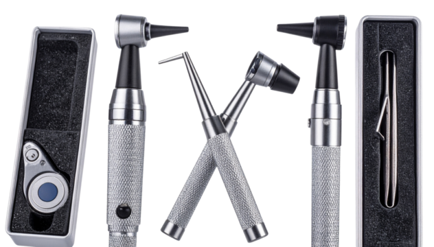 A collection of professional medical otoscope and ophthalmoscope instruments for ear and eye examination isolated on a white background