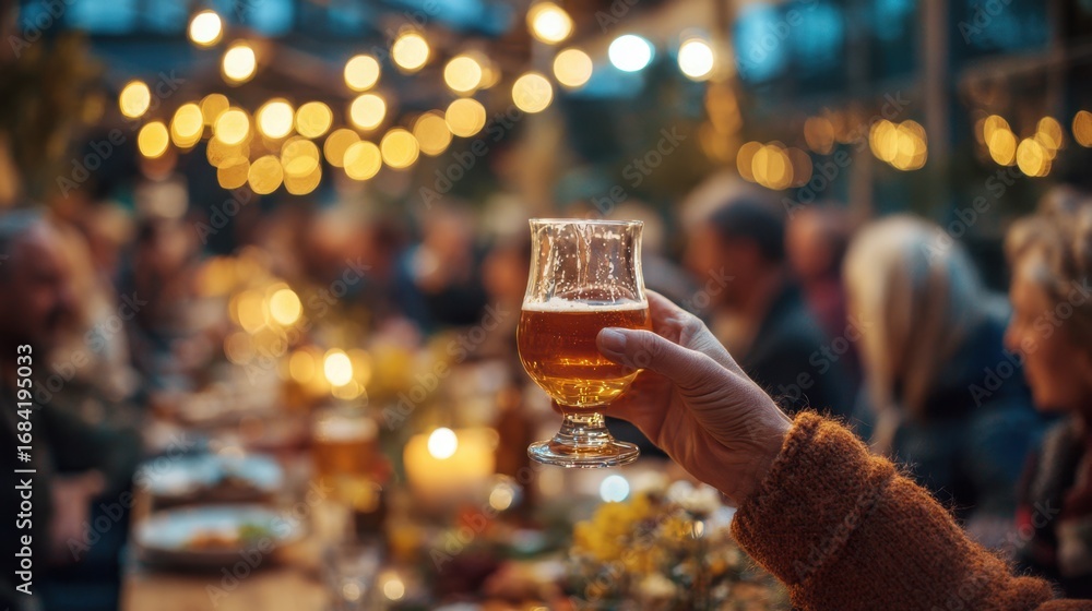 Poster medium shot of a diner raising a glass of locally brewed craft beer at a farmtotable popup event wit