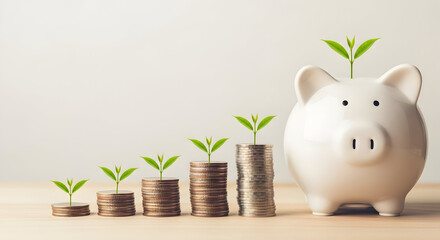 Stacks of coins with growing plants and a piggy bank symbolize financial growth savings and investment strategies for a secure future and longterm prosperity