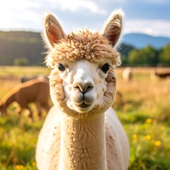 Obraz premium A charming alpaca, its fluffy fur and expressive eyes, captivates the viewer in a pastoral setting.