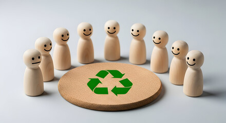 Wooden figures surround a recycle symbol on a cork circle representing environmental awareness and sustainable practices in a collaborative and supportive community