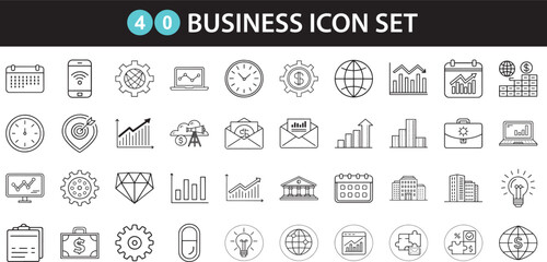 Business Line Icons Vector Set – 40 Editable Finance, Office, and Management Symbols