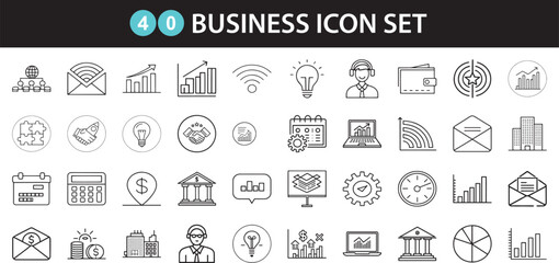 Business Line Icons Vector Set – 40 Editable Finance, Office, and Management Symbols