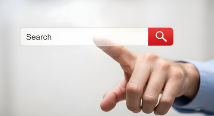 Finger touches a search bar with a magnifying glass icon for online searching and web browsing on a digital interface for information retrieval and internet access