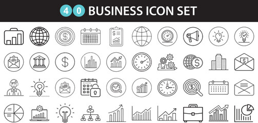 Business Line Icons Vector Set – 40 Editable Finance, Office, and Management Symbols