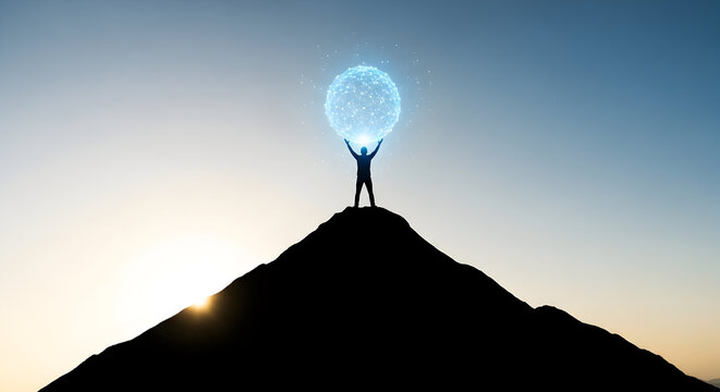 Silhouette of a person on a mountain peak holding a glowing digital sphere against a gradient sky at sunset symbolizing achievement and technological advancement