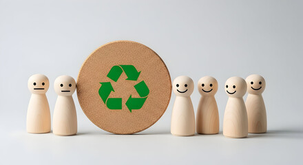 Wooden figures stand beside a recycling symbol on a cork coaster representing environmental awareness and sustainable practices for a better future and planet earth