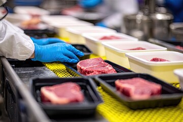 Worker in a meat processing plant packing fresh steaks.