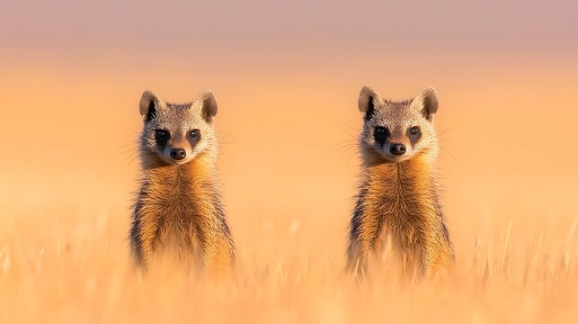 Two meerkats standing alert in a golden field