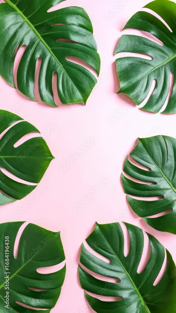Poster monstera plant leaves arranged as a border on a pale pink surface creating an empty space in the cen