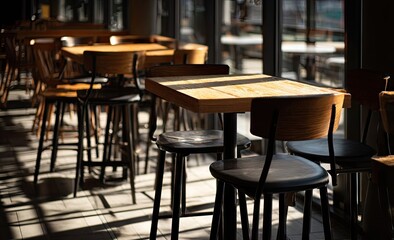 Sunlit Cafe Interior with Wooden Tables and Chairs.