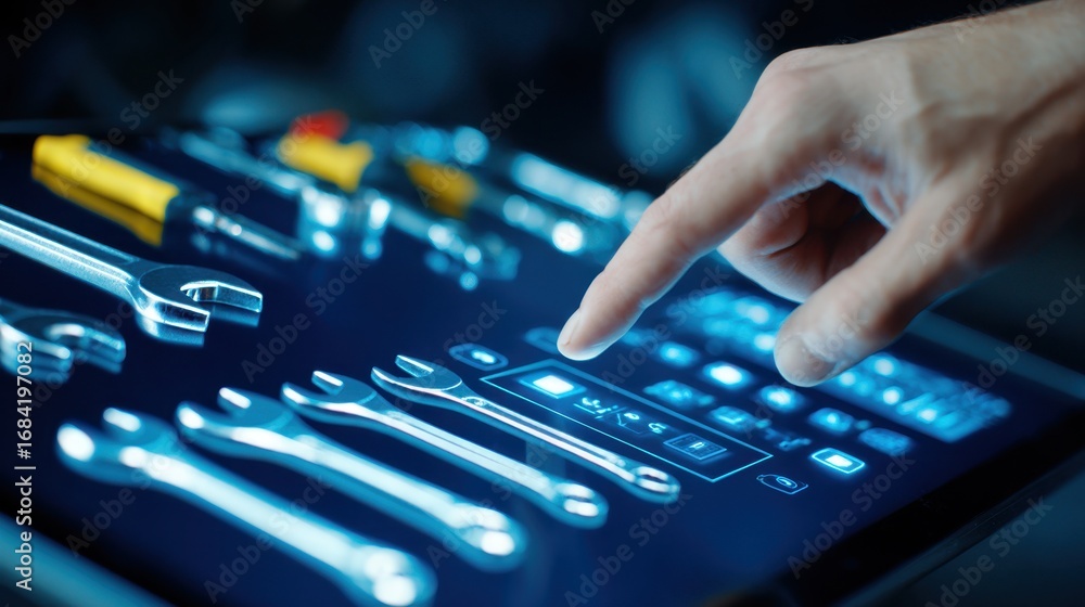 Poster medium shot capturing a users finger tapping reorder options on a sleek electronic inventory kiosk w