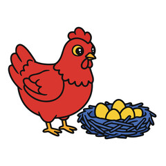 A red hen stands next to a nest containing five yellow eggs