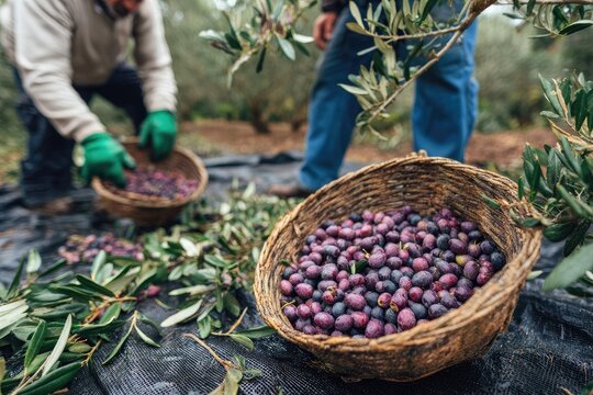 Wicker basket filled with freshly harvested ripe olives during autumn harvest. - Powered by Adobe