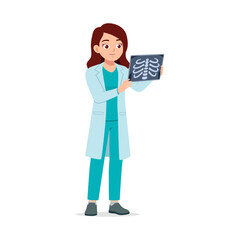 Doctor woman with X ray image in her hand wearing a lab coat and scrubs smiling friendly