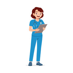 Female Nurse Holding Clipboard Smiling in Uniform with Stethoscope in Full Body Illustration