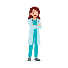 Smiling Asian Female Doctor in Lab Coat Standing with Arms Crossed Professionally Posing