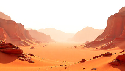 Desert Landscape with Red Rock Formations and Bright Sky in Arid Environment