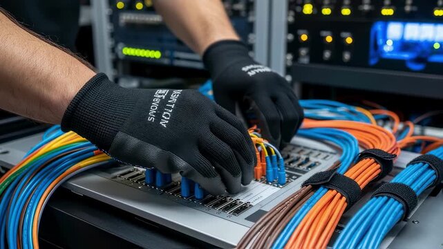 Technician routing multiple fiber cables neatly into a backhaul patch panel inside an OB van emphasizing efficient workflow and connectivity.