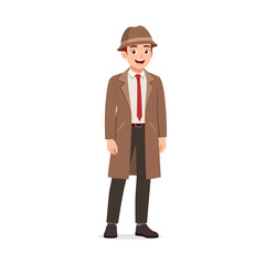 Cartoon Man Wearing Coat Hat and Tie Standing Upright and Smiling Facing Forward