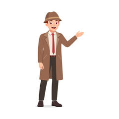 A Caucasian Man in Overcoat Smiling and Presenting Something with Open Palm Gesture Illustration