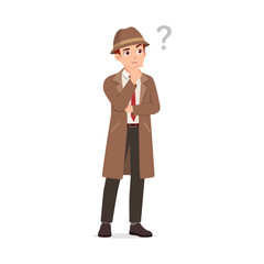 Man in Trench Coat Thinking with Question Mark Expression of Confusion and Curiosity