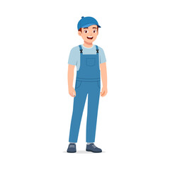 Smiling Caucasian Man Standing Wearing Blue Cap and Overalls with Happy Expression