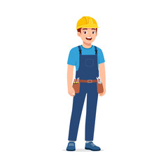 Smiling Construction Worker in Blue Overalls and Yellow Helmet Standing at Work Site
