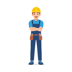 Construction Worker Standing with Arms Crossed wearing Hard Hat and Uniform Smiling