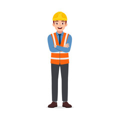 Smiling Construction Worker with Arms Crossed Wearing Hard Hat and Safety Vest Cartoon