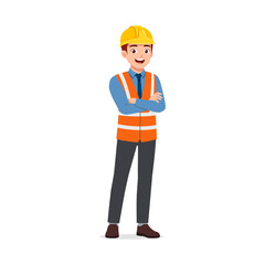 Happy Caucasian engineer standing confidently with arms crossed in safety vest and hard hat