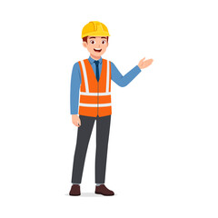 Happy Young Male Construction Worker Presenting Something with Orange Safety Vest and Yellow Helmet