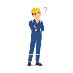 A thoughtful worker in uniform and helmet thinking about question with hand on chin