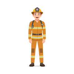 Full Body Portrait of a Happy Firefighter Wearing a Helmet and Uniform Standing Upright Smiling