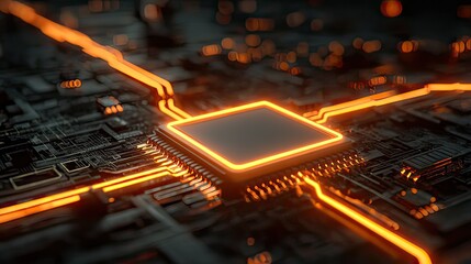 Futuristic microchip with glowing circuits on a dark background showcasing technological innovation and digital connections