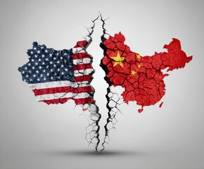 A divided global landscape, with the USA and China's flags superimposed on cracked earth, symbolizes strained international relations.