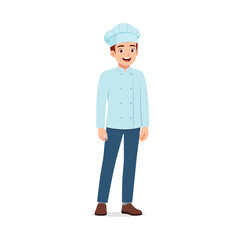 Young chef in uniform smiling standing friendly posing in full body illustration