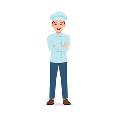 Young man wearing chef uniform standing with arms crossed and smiling with full shot