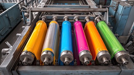 Vivid Colors of Flexographic Printing Ink Rolls in a Modern Production Facility for Commercial Printing Applications