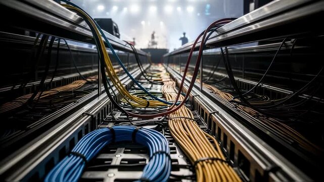 Fiberoptic cabling snaking through secured cable trays at a large music venue reflecting the sophistication of live event infrastructure.
