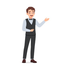 Fototapeta premium Smiling Waiter Gesture Presenting Isolated on White Background Service Industry